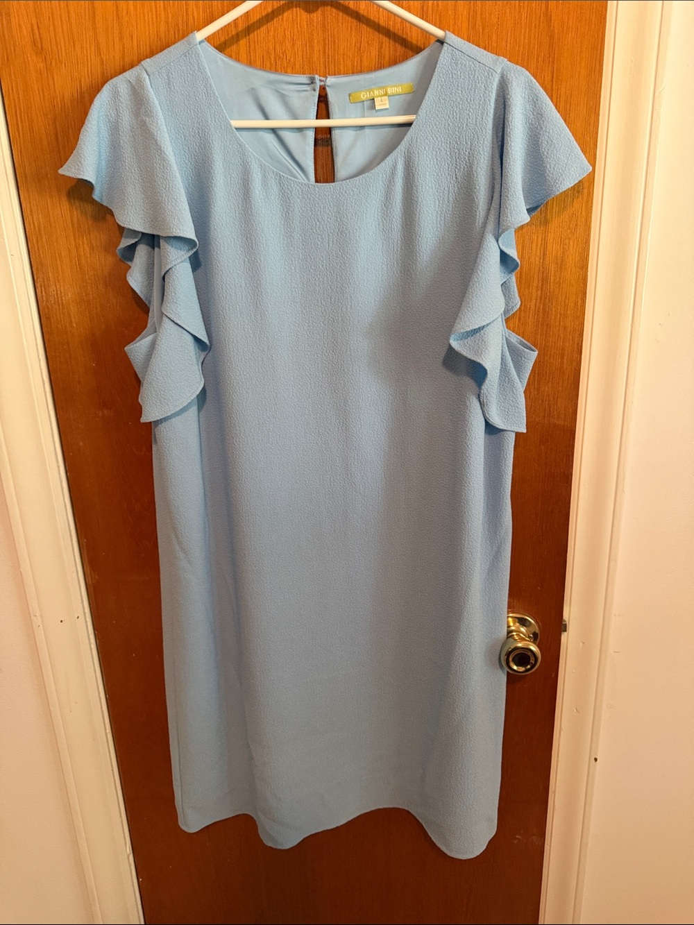 Gianni Bini solid crepe sheath Light Blue Ruffle Sleeve Mini Dress